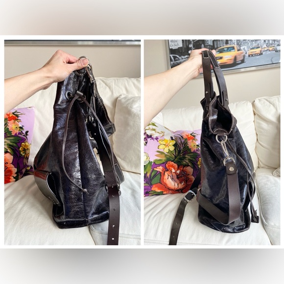 Wrinkled shiny Leather contrast stitch slouchy oversized bucket bag - Picture 5 of 12